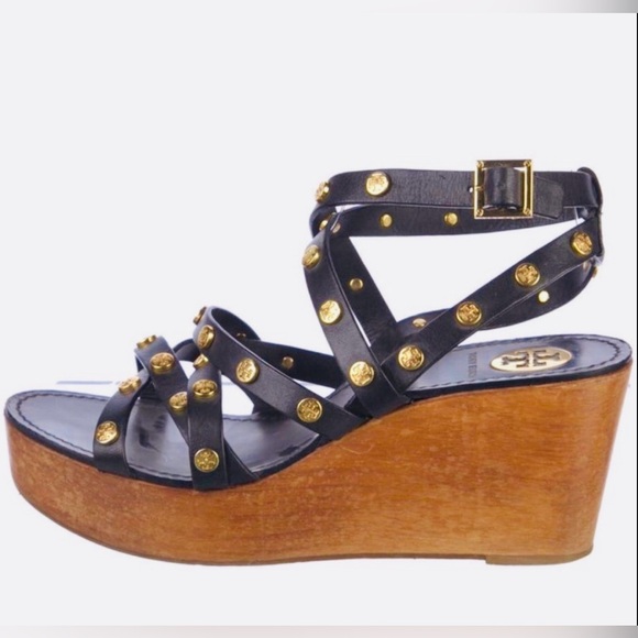 Tory Burch Women's Black Leather Studded Wedge Sandals - Picture 2 of 12